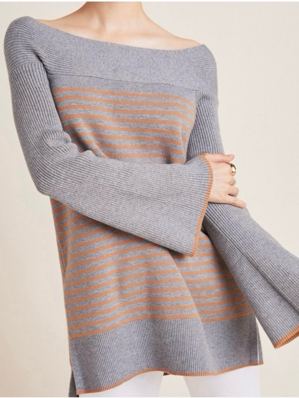 Anthropologie Elise Ribbed Tunic Sweater Size XS Grey Stripes Bell Sleeves